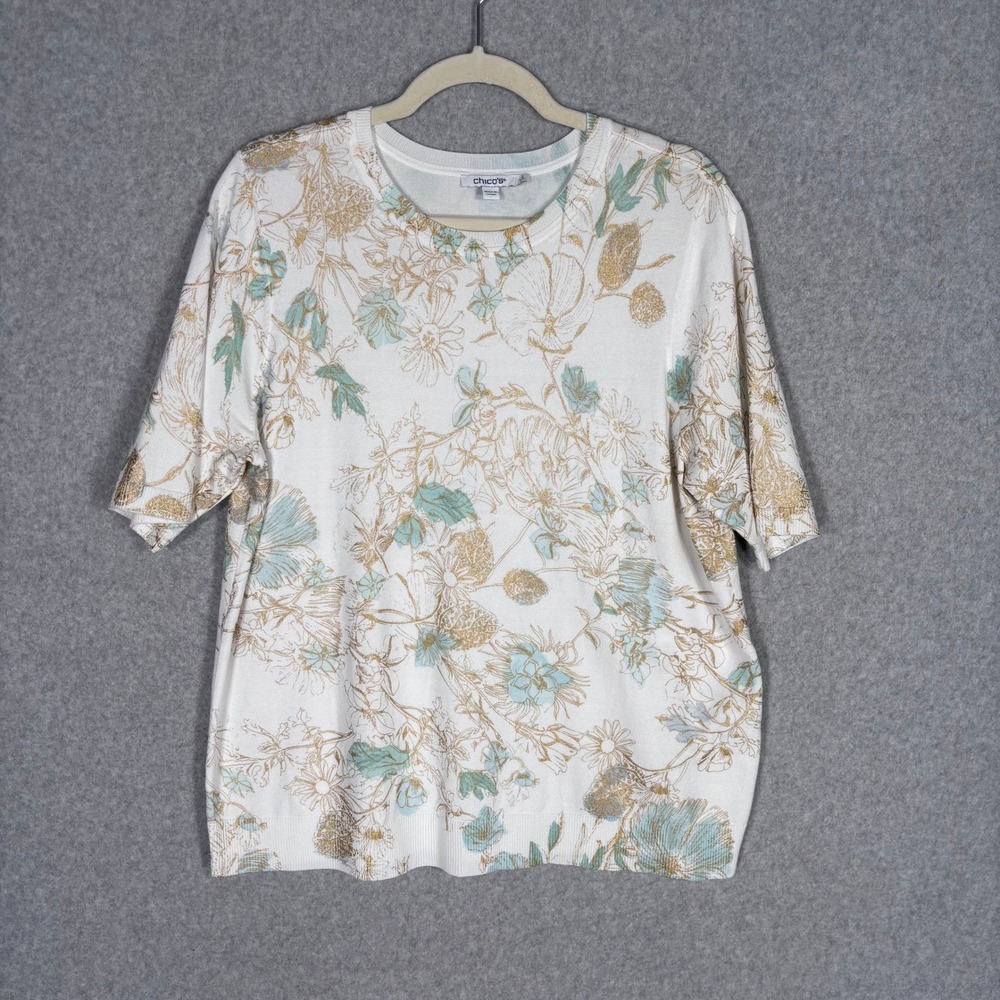Chicos‎ Floral Metallic Knit Top Sweater Large White Floral Gold Short Sleeve